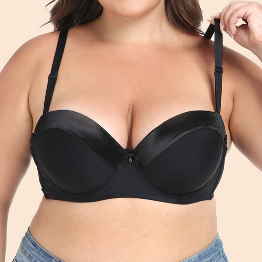 Freedombeauty | Black Shoulder Strap Detachable 1/2 Cup Satin Stitching Multi-Wear Dress Wedding plus Size Bra Women's Underwear