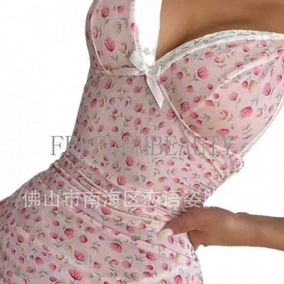 Freedombeauty | New Popular Women's Fashion Sexy Pajamas Floral Lace V-neck Sheath Dress