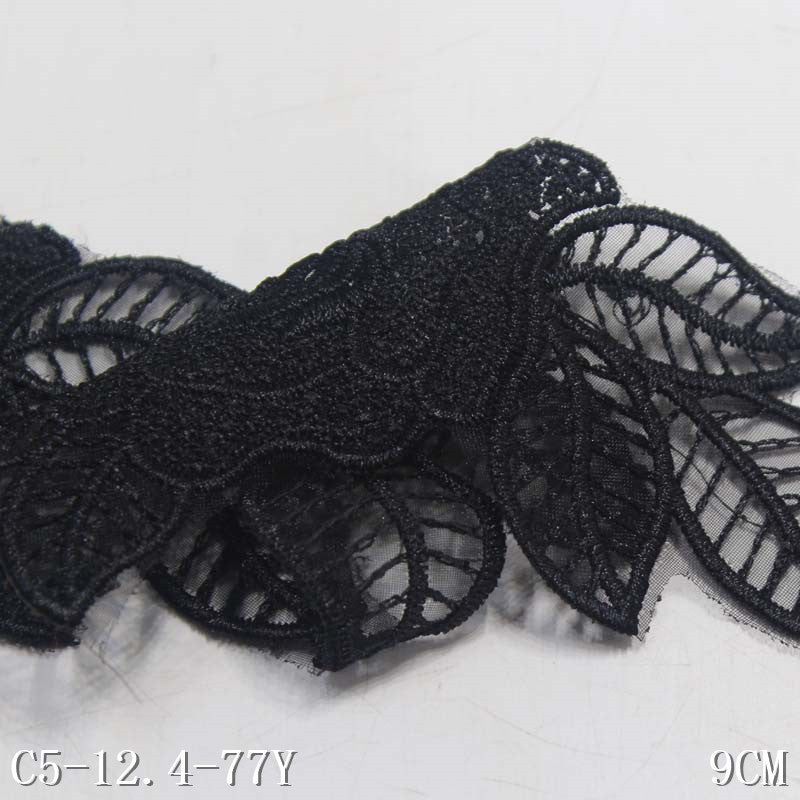 Freedombeauty | Black Flower Leaves with Edge Pattern Narrow Embroidery Lace Accessories Curtain Handmade Lace