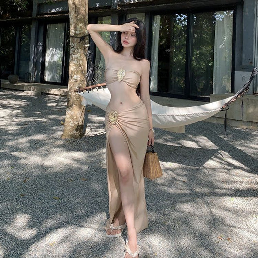 freedombeauty|Bikini Set European and American Style Metal Pleated Strapless Top with Slit Swimsuit Beach Vacation Beach Skirt