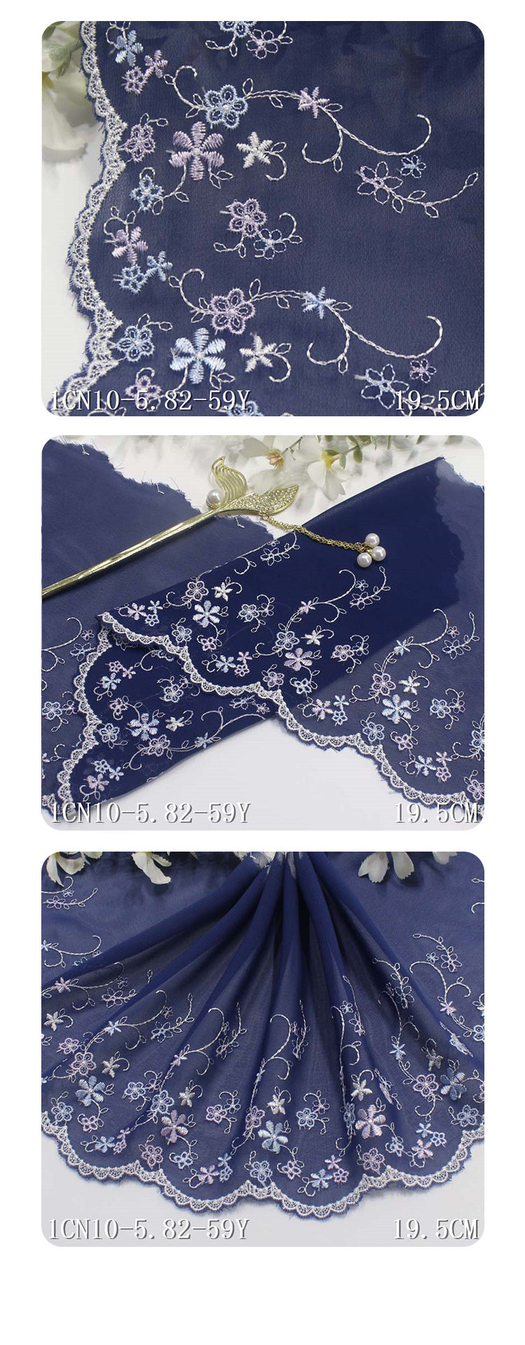 Freedombeauty | Blue Chiffon Unilateral Polyester Thread Small Flower Embroidery Lace DIY Curtain Sofa Cushion Lace Accessories