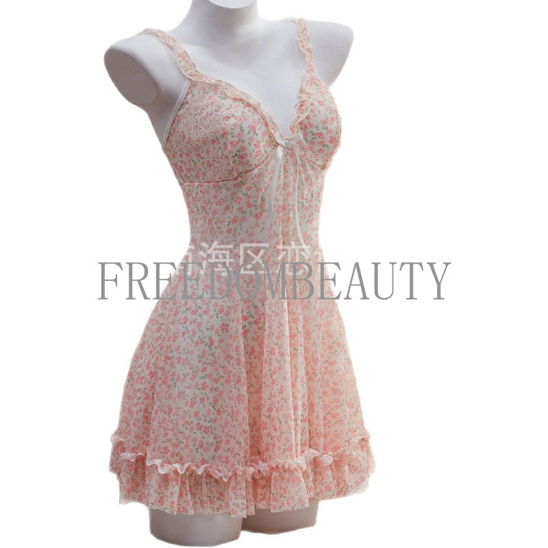 Freedombeauty | New Sexy Lingerie Fashion Sexy Pure Desire Sweet Gathered Floral Slip Nightdress Comfortable Homewear