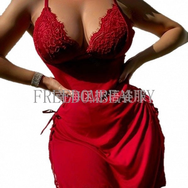 Freedombeauty | Sexy Pajamas Women's Breast-Exposed Suspender Skirt Bud Stretch Silk Seductive Homewear Uniform Slim Fit