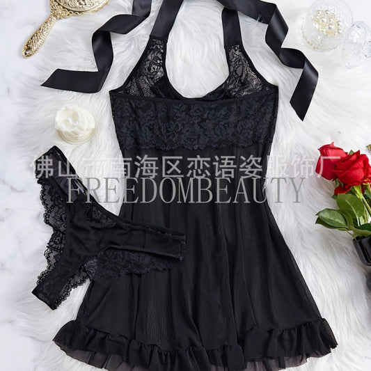 Freedombeauty | Sexy Seduction Sexy Sleepwear Suit Lace Bow Mesh See-through Halter Nightdress Source Factory Hair