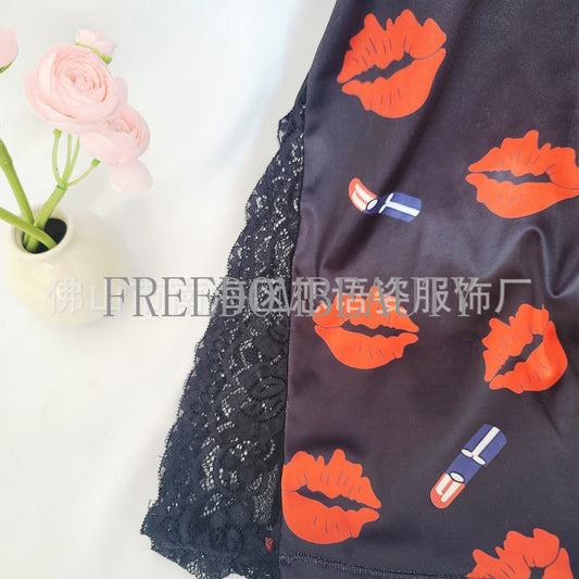 Freedombeauty | Exclusive for Playful Red Lips Printed Slip Nightdress Fashion Pure Desire Style Split Sling Pajamas
