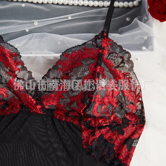 Freedombeauty | Slimming Sweet Cool Sexy Sleepwear Embroidery Lace Mesh Patchwork Sexy V-neck Slip Nightdress