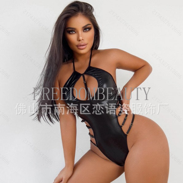Freedombeauty | Black Pu Patent Leather Metal Hollow Halter Spaghetti Straps Sexy Seduction Sexy Home Pajamas