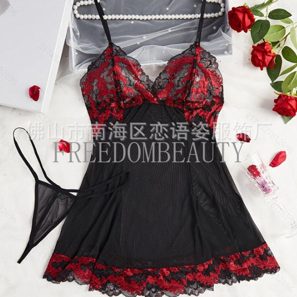 Freedombeauty | Slimming Sweet Cool Sexy Sleepwear Embroidery Lace Mesh Patchwork Sexy V-neck Slip Nightdress