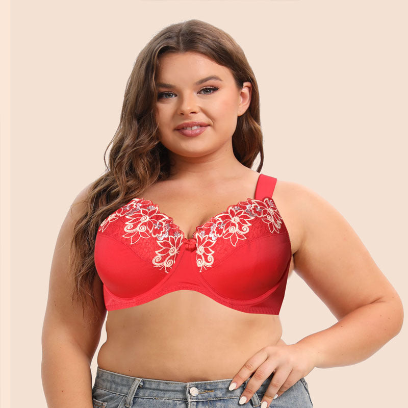 Freedombeauty | Thin Padded Cup Exquisite Embroidered Lace plus Size Bra Big Chest Show Little European and American Style Underwear Plump Girls Bra CDEF Cup