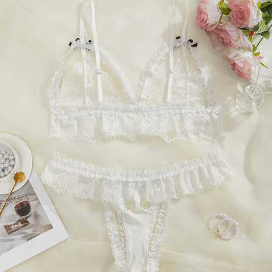 Freedombeauty | Popular Sexy Lingerie Sexy White Lace Small Bowknot French Sexy Lingerie Suit plus Size