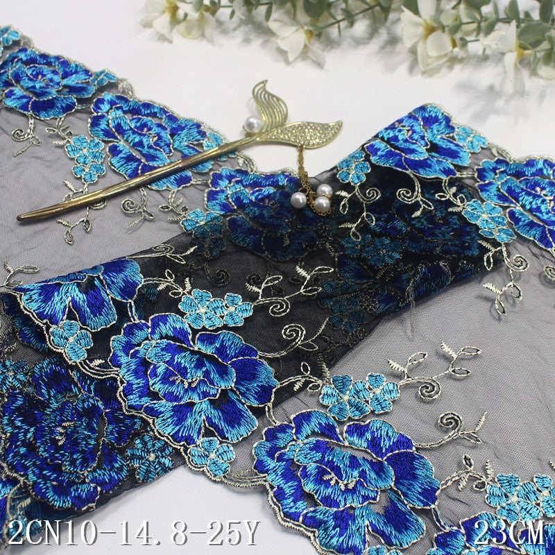 Freedombeauty | Black Mesh Bilateral Blue Flower Embroidery Lace Curtain Sofa Cushion Lace Accessories DIY