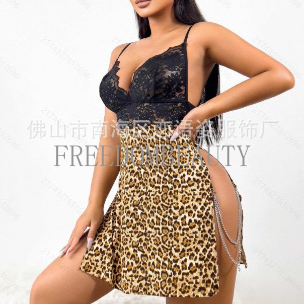 Freedombeauty | Sexy Lingerie Sexy Leopard Strap Lace Nightdress Split Nightclub Flirting Uniform Suit