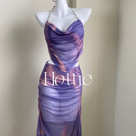 freedombeauty|2024 New Purple Mesh Sexy Bikini Three-Piece Set Two-Piece Skirt Style Tummy Control Slimming Beach Spa Vacation