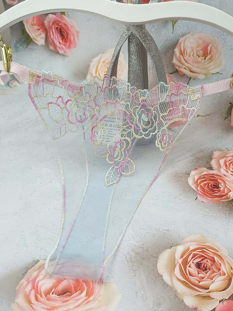 FREEDOMBEAUTY | Sexy hollow women's lace perspective t-pants thong panties mesh embroidery three-color cross-border