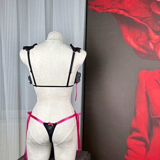 FREEDOMBEAUTY | FQ2096S Bow Hollow Free Sex Underwear Set Women's Big Breast Lotus Leaf Edge Perspective Mesh Pure Desire T