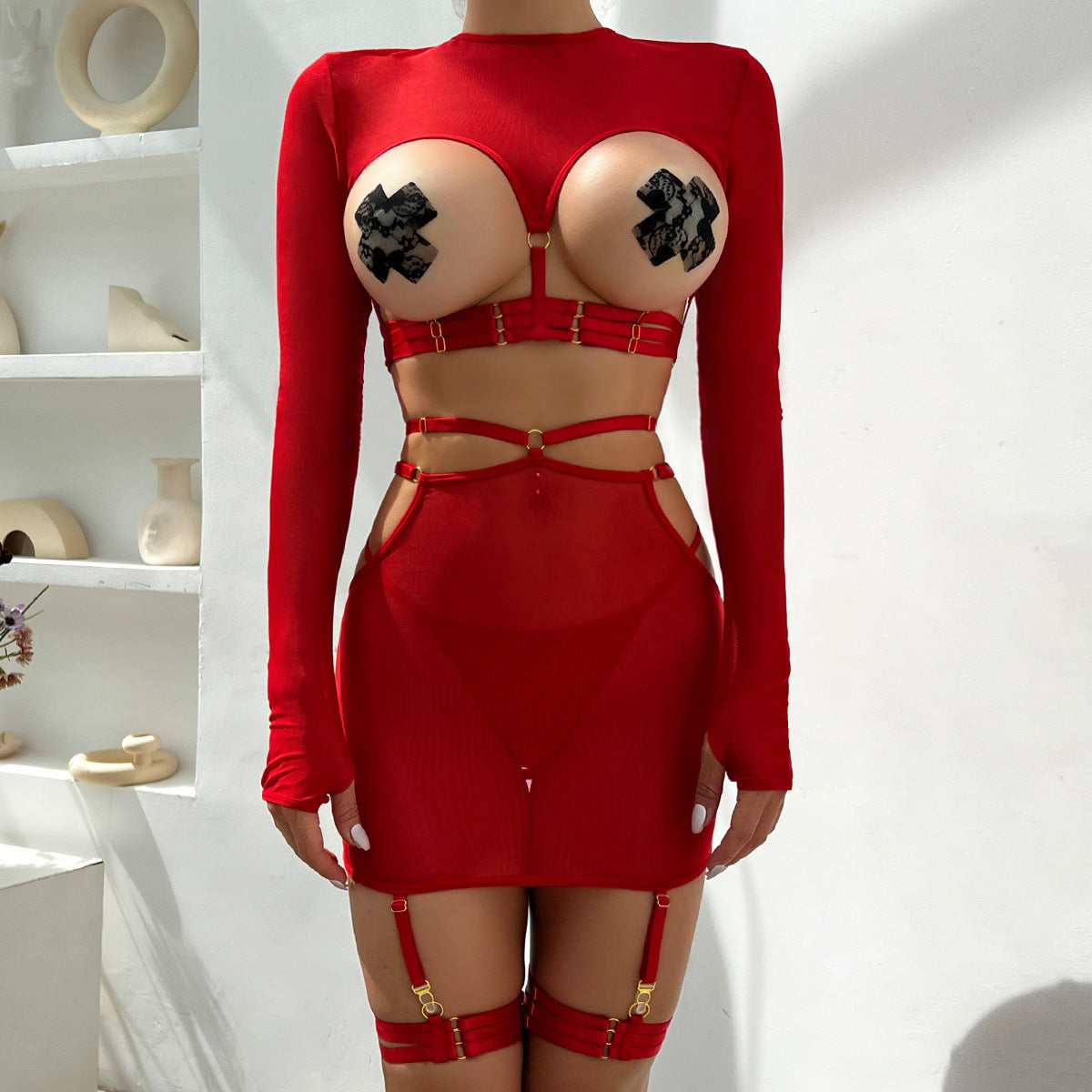FREEDOMBEAUTY | AliExpress INS underwear 5-piece set sexy hollow straps personalized long-sleeved top with leg rings 3317
