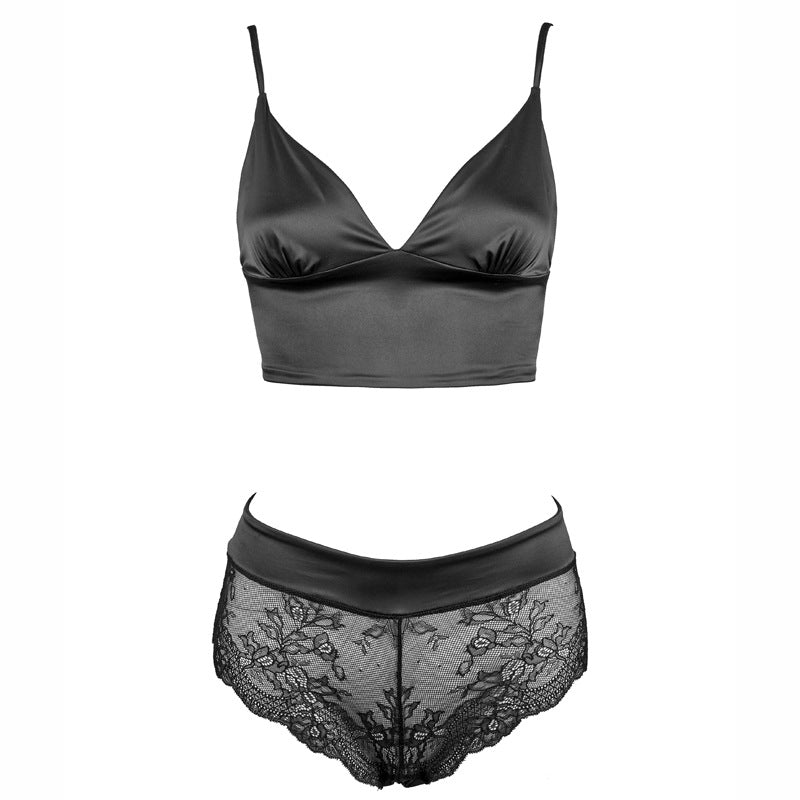 Freedombeauty | FQ2719 Quality Elastic Satin Triangle Cup Outer Wear Vest Mid Waist Lace Briefs Pajama Set Black