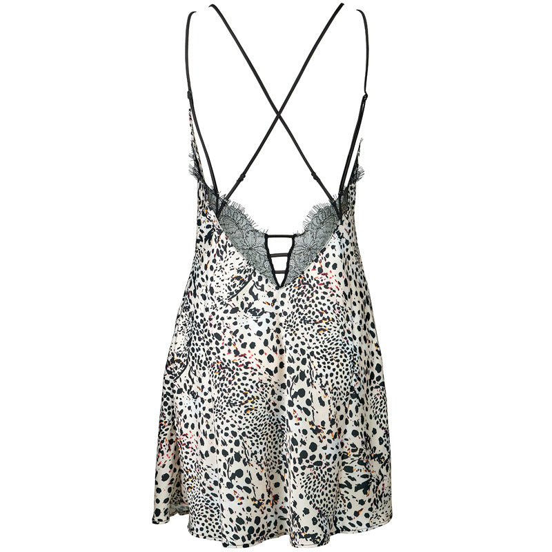 FREEDOMBEAUTY | FQ2720 Leopard print eyelash lace nine-character buckle adjustment comfortable women's sexy V-print pajama dress European and American cross-border