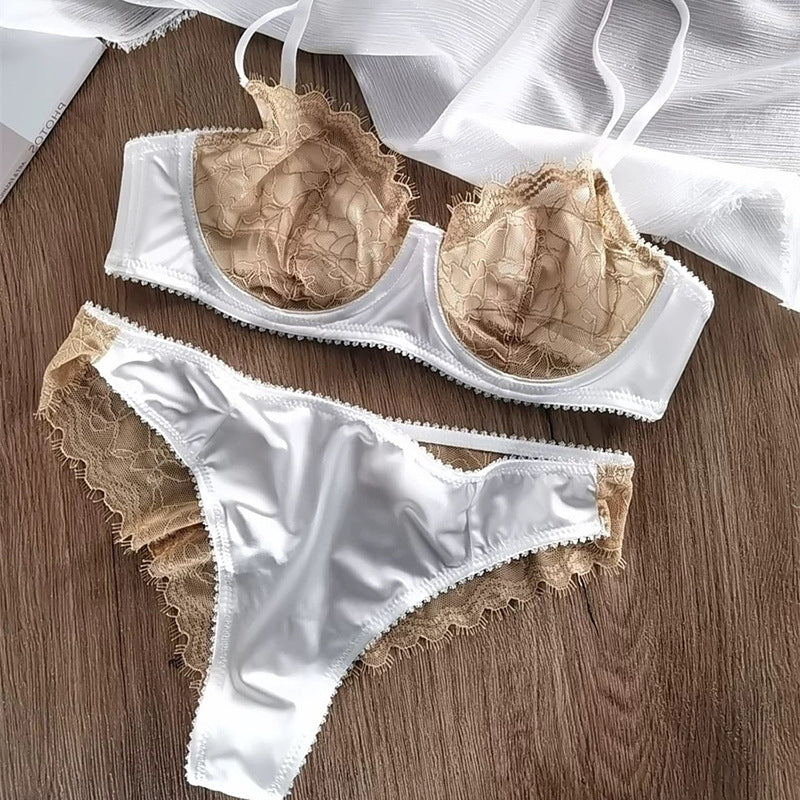 Freedombeauty | Contrasting color splicing anti-bumping ultra-thin breathable underwear French bra lace with steel ring large chest small sex suit