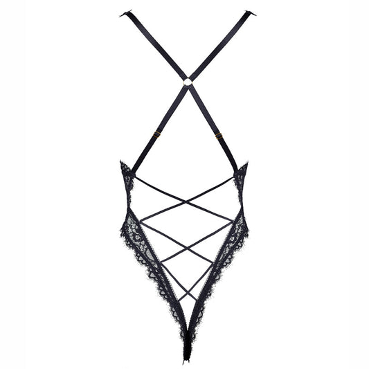 FREEDOMBEAUTY | FQ2718 Elastic Eyelash Lace Deep V Cross Strap Halter Black Sexy Sexy High Forked onesie