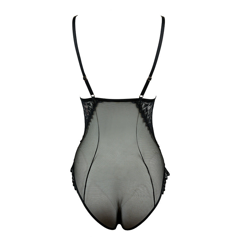 Freedombeauty | FQ2843 Glitter Mesh Lace Lightweight French Lingerie onesie Wave Bottom Open Button Cotton Sexy Ladies Black