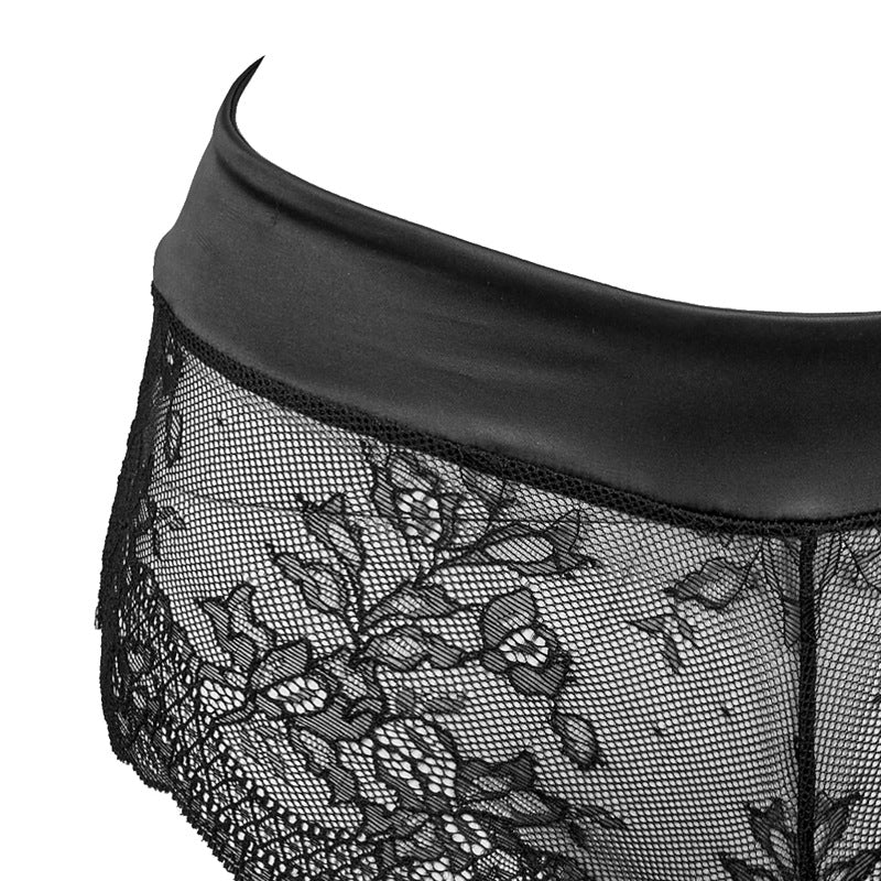 Freedombeauty | FQ2719 Quality Elastic Satin Triangle Cup Outer Wear Vest Mid Waist Lace Briefs Pajama Set Black