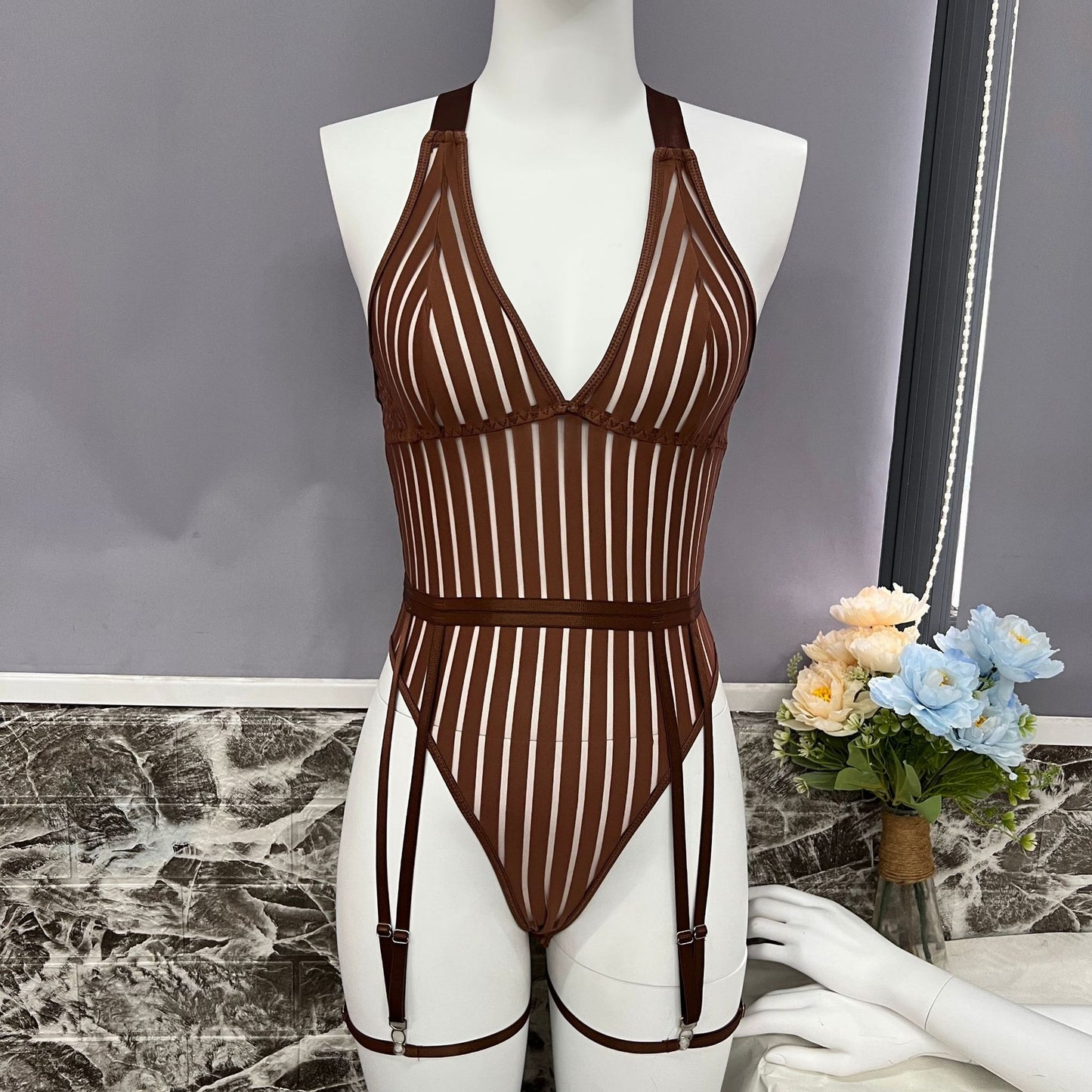 freedombeauty|Women's Striped Halter Perspective Mesh Splicing Shapewear
