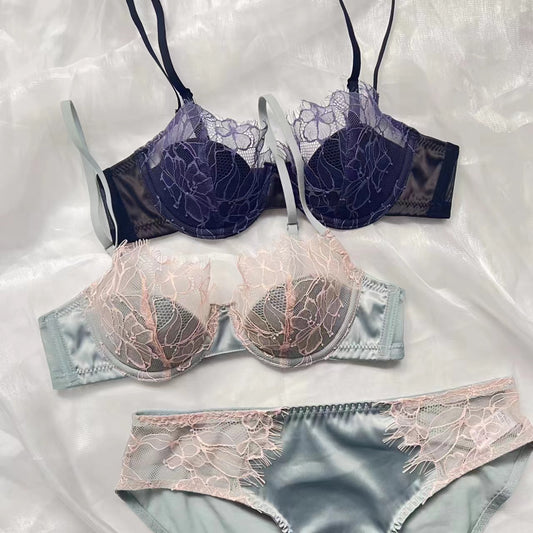 Freedombeauty | New French lace underwear girl eyelash edge sexy thin cotton cup soft steel ring pure desire bra bra set