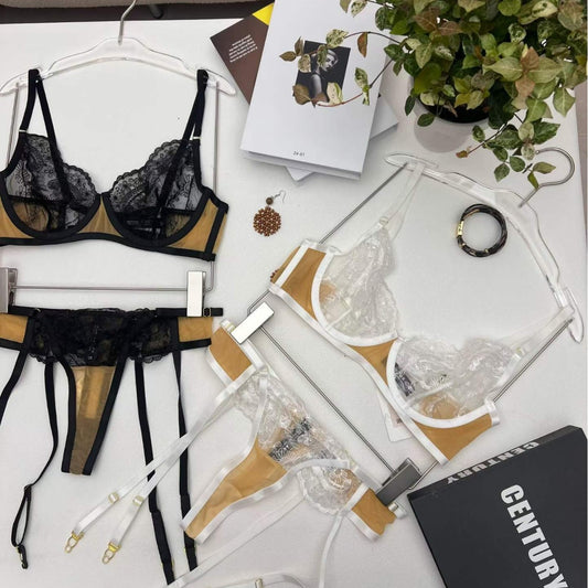 FREEDOMBEAUTY | European and American lace embroidered underwear ultra-thin large breasts show small anti-sagging gathering bra garter belt three-piece bra