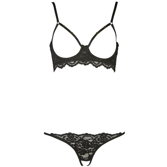 FREEDOMBEAUTY | FQ2680 Black Lace Dirty Hollow Bra Low Waist Open Crotch Free Panties Sex Underwear Set Women's Suspender