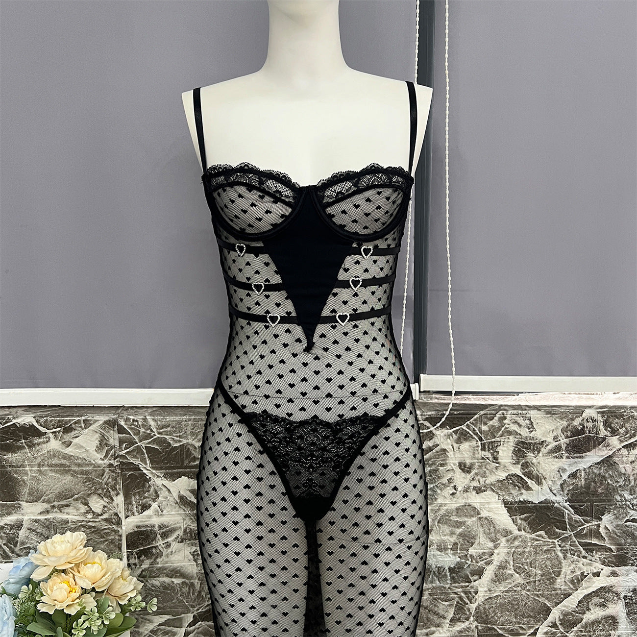 FREEDOMBEAUTY | European and American cross-border sexy heart-shaped polka dot dress - elegant and sexy lace decorative long tights