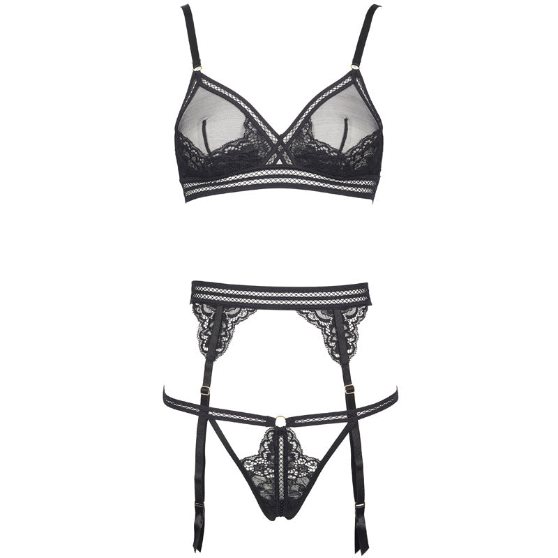 Freedombeauty | FQ2731 Black Lace Glitter Perspective Mesh Sexy Pajamas onesie Triangle Cup Low Waist Panties Garter Belt