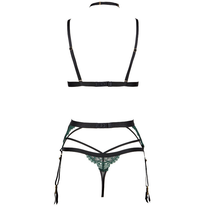 FREEDOMBEAUTY | FQ2765T212 Delicate Green Embroidery Black Mesh Removable Diamond Chain Neck Triangle Cup Thong Set