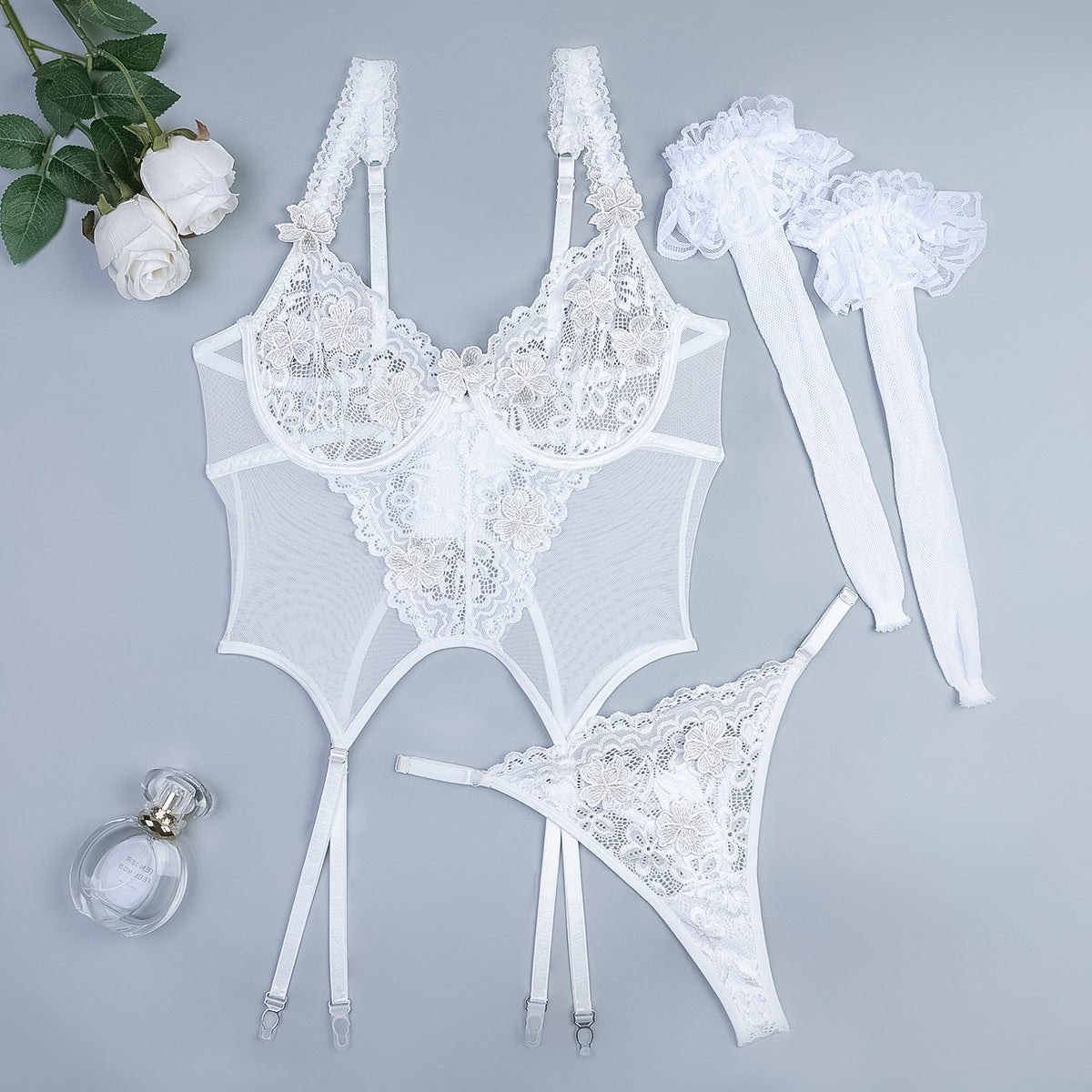 FREEDOMBEAUTY | Leg socks white flower embroidery patch handmade exquisite waist and thin sex underwear three-piece set 3572