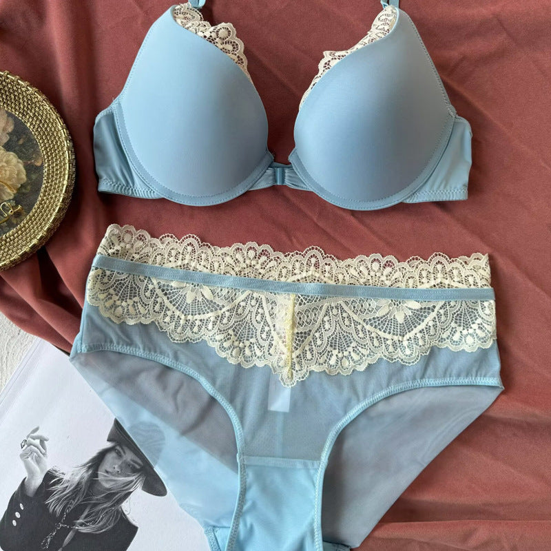 FREEDOMBEAUTY | Cross-border European and American sexy underwear women's front buckle beautiful back push up gathering underwear anti-sagging large size lace bra set