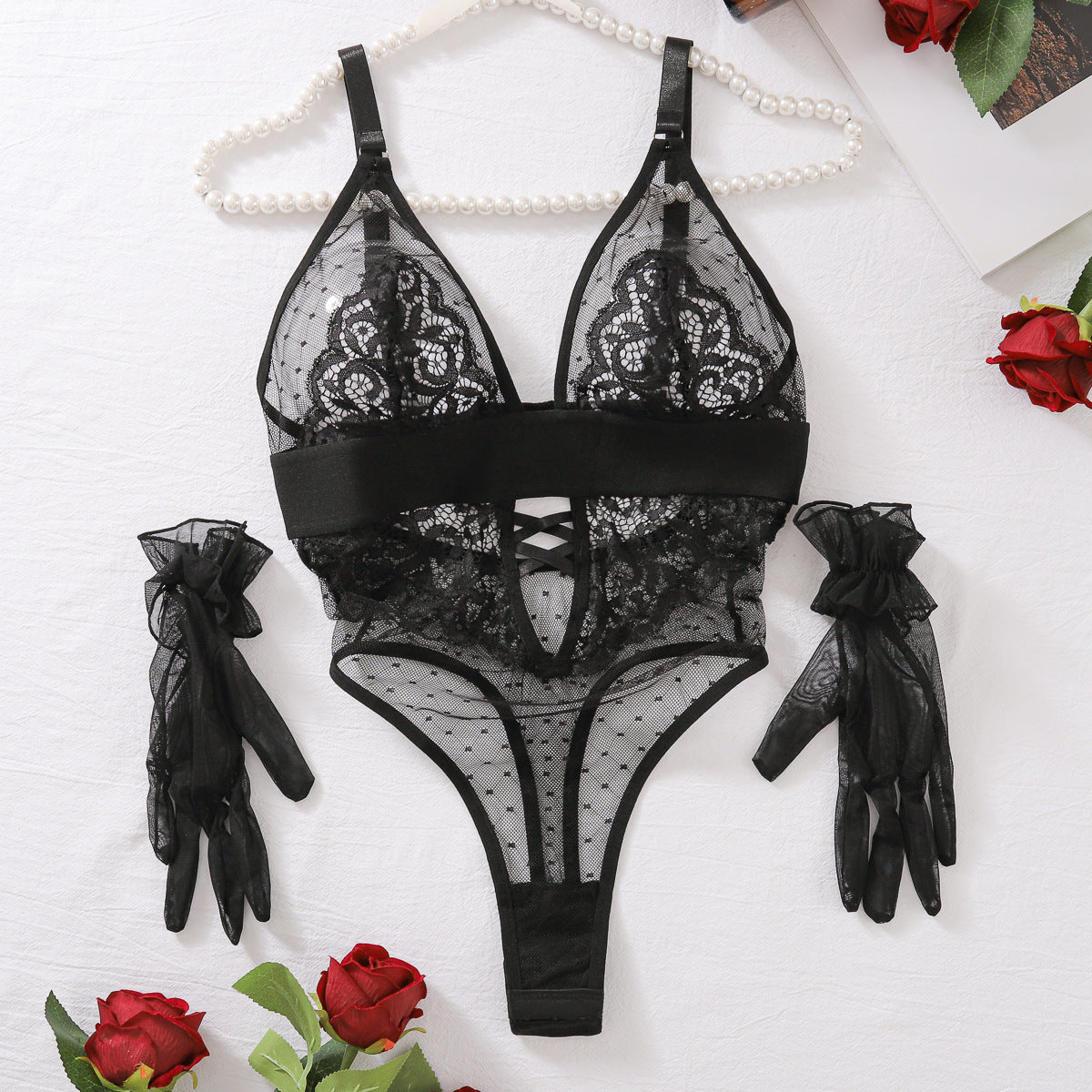 Freedombeauty | Sexy polka dot mesh lace splicing low-cut steel-free sex onesie set can be opened crotch