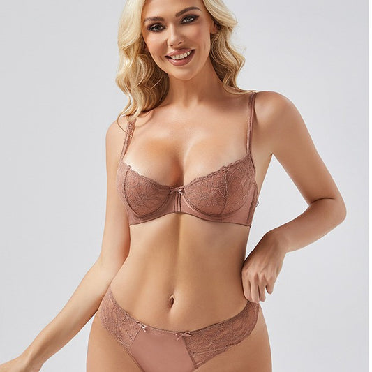 Freedombeauty sexy women's underwear lace embroidery design ultra-thin breathable beauty back soft steel ring large size bra set