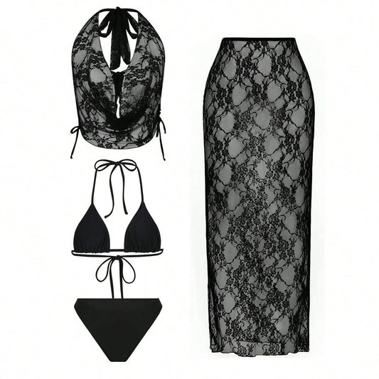 FREEDOMBEAUTY | New swimsuit women's sexy lace three-piece swimsuit women's bikini neck blouse vacation swimsuit