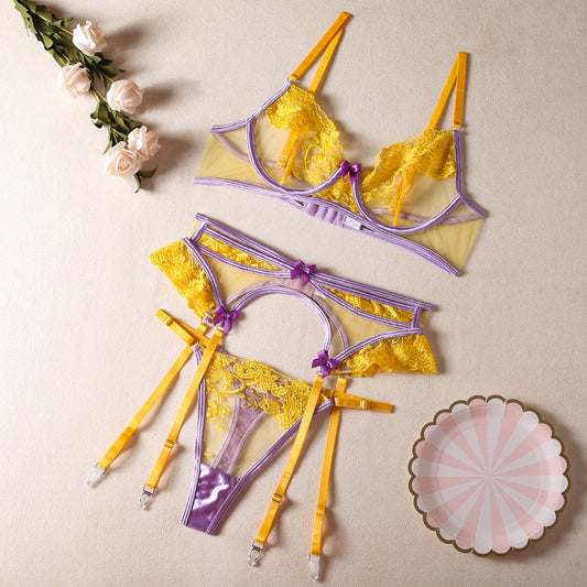 FREEDOMEBEAUTY | European and American cross-border new products are popular, high-quality women's clothing, flower embroidered bra, perspective sexy bow underwear set