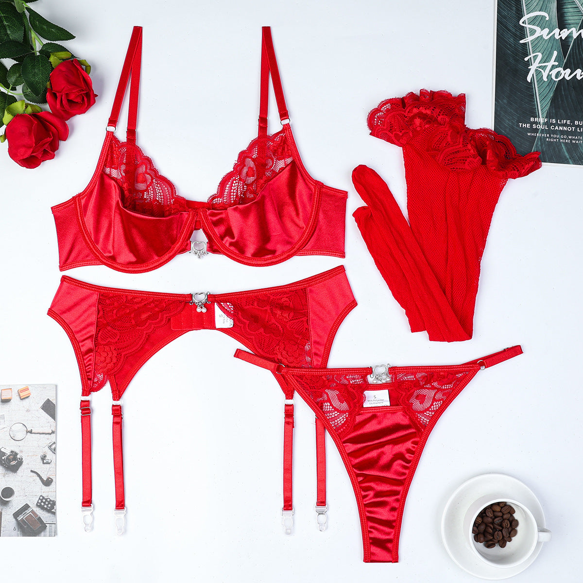 FREEDOMBEAUTY | Christmas Valentine's Day Red New Year's Gift Lace Splicing Pendant Sexy Underwear Four-piece Set 3658
