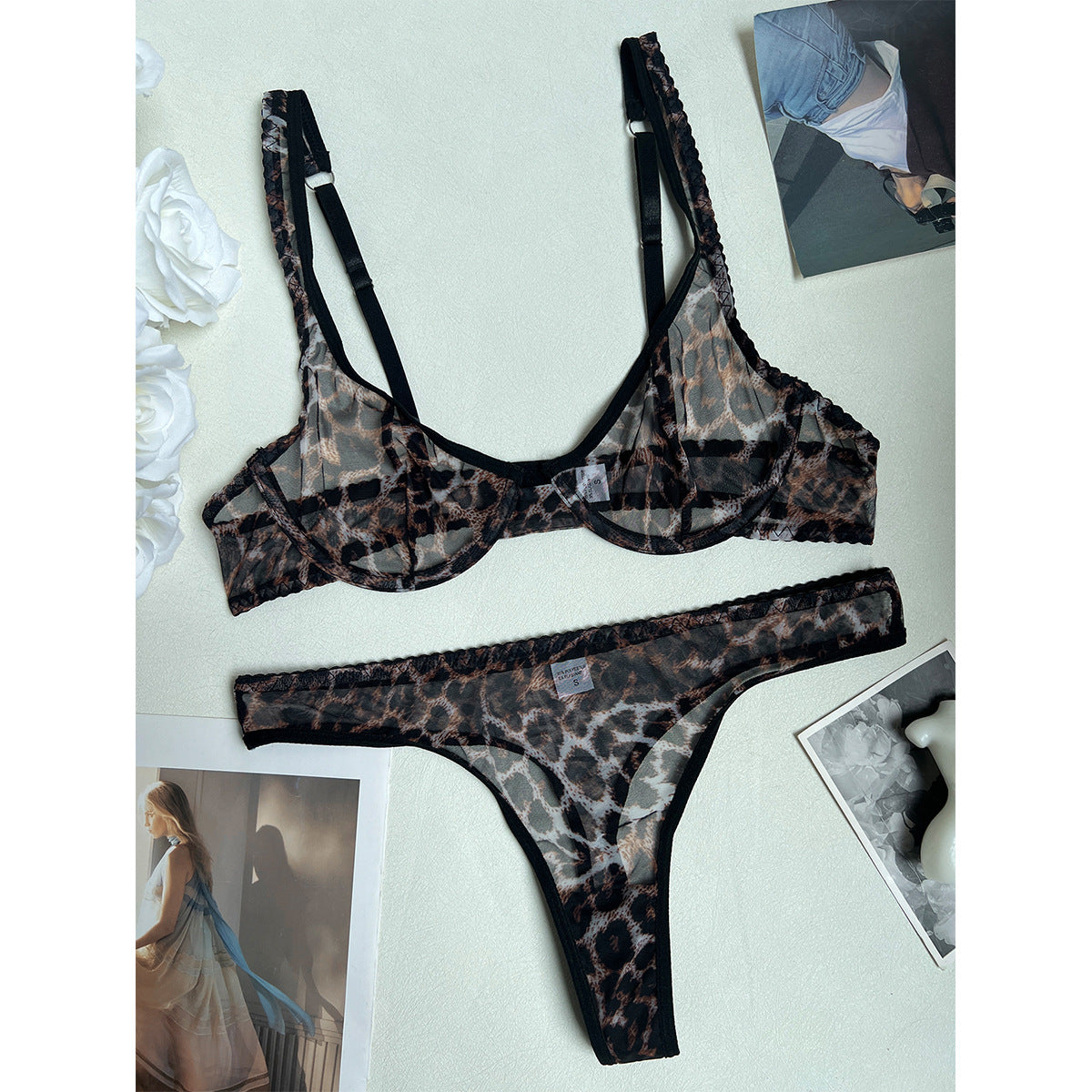 FREEDOMBEAUTY | Sexy leopard print underwear French bra ultra-thin mesh sex set perspective