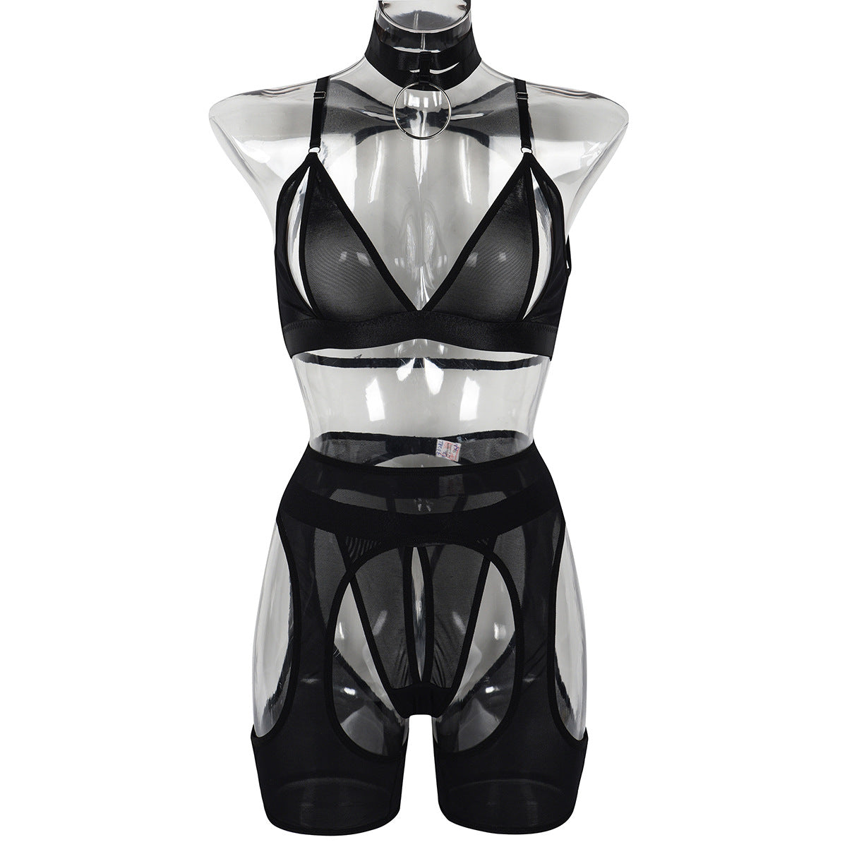 Freedombeauty | Sexy solid color splicing mesh underwear perspective hollow back low chest sex four-piece set