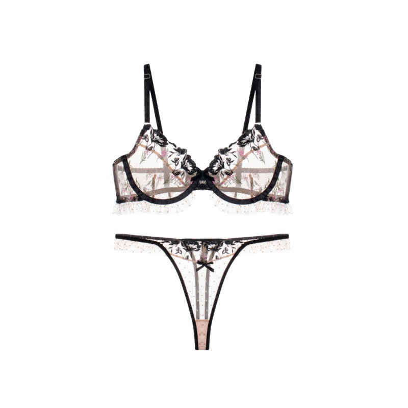 Freedombeauty | Bra set Thin flower embroidery with steel ring gathering top support Sexy lingerie women