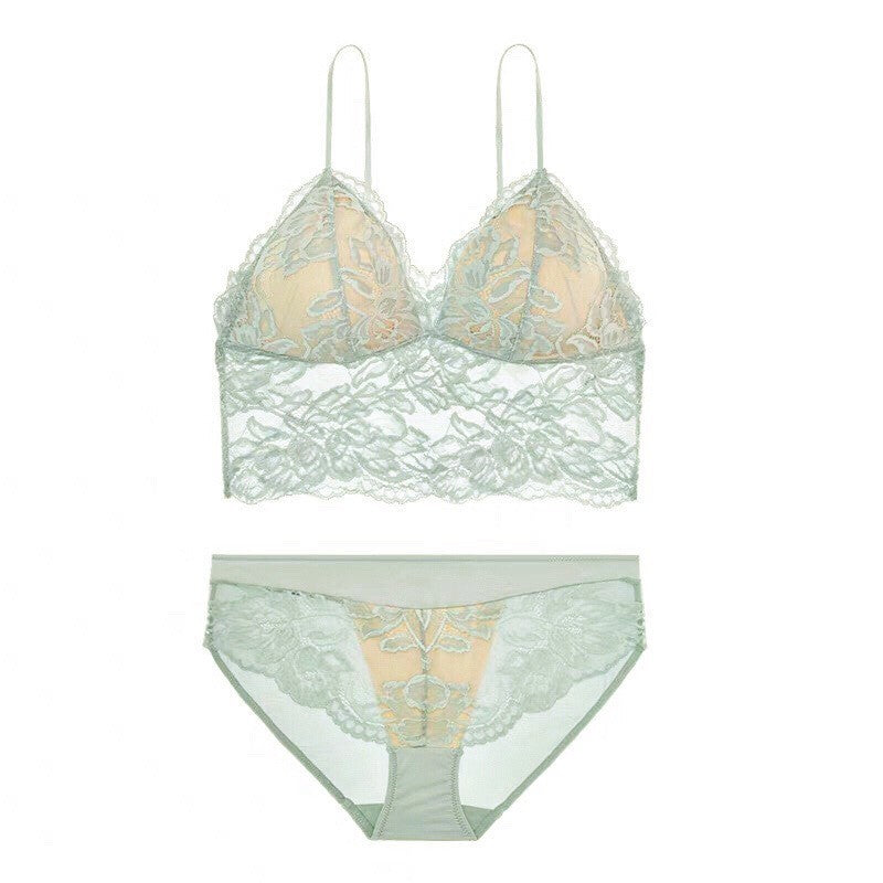 FREEDOMBEAUTY | French Sexy Embroidered Lace Bra Thin Triangle Cup No Steel Rim Underwear Suspender Vest Bra Set