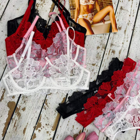 FREEDOMBEAUTY | French Lace Underwear Thin Embroidery Big Breasts Small Steel Rim Anti-Sagging Bra Gather Bra Set Sexy Bra