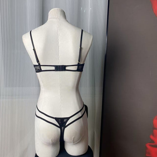 FREEDOMBEAUTY | FQ2978 lace mesh stitching steel tray see-through bra open crotch thong set French underwear female sexy