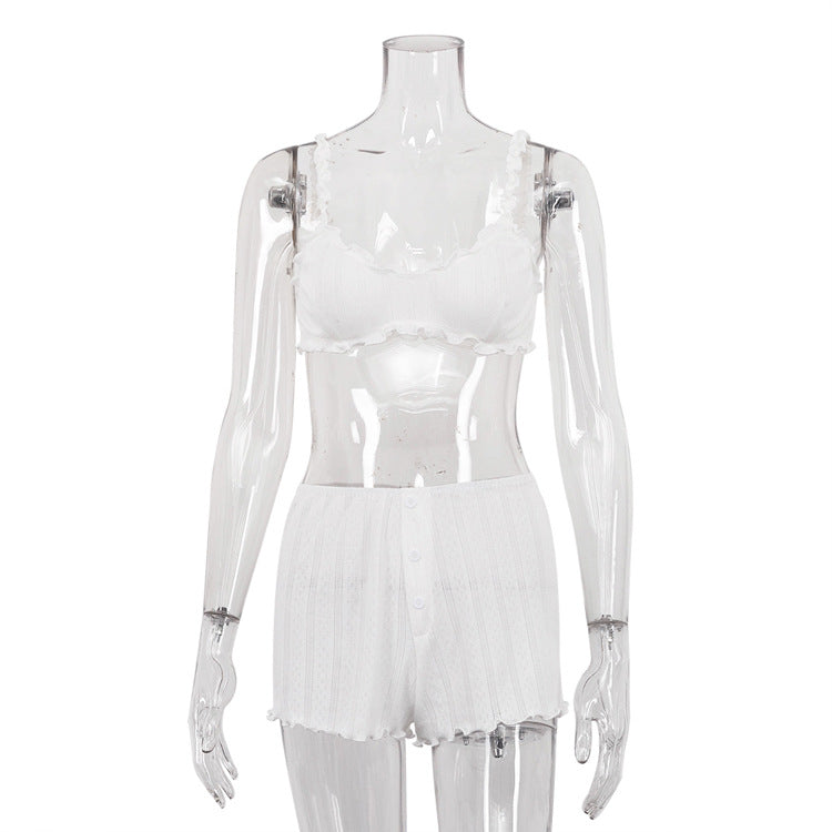 FREEDOMBEAUTY | new summer knitted suspender shorts jacquard pajamas two-piece set casual and comfortable women's loungewear