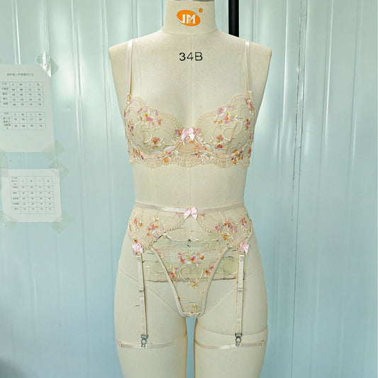 FREEDOMBEAUTY European and American style foreign trade cross-border new products fashion apricot flower embroidery garter leg ring bow bra set women