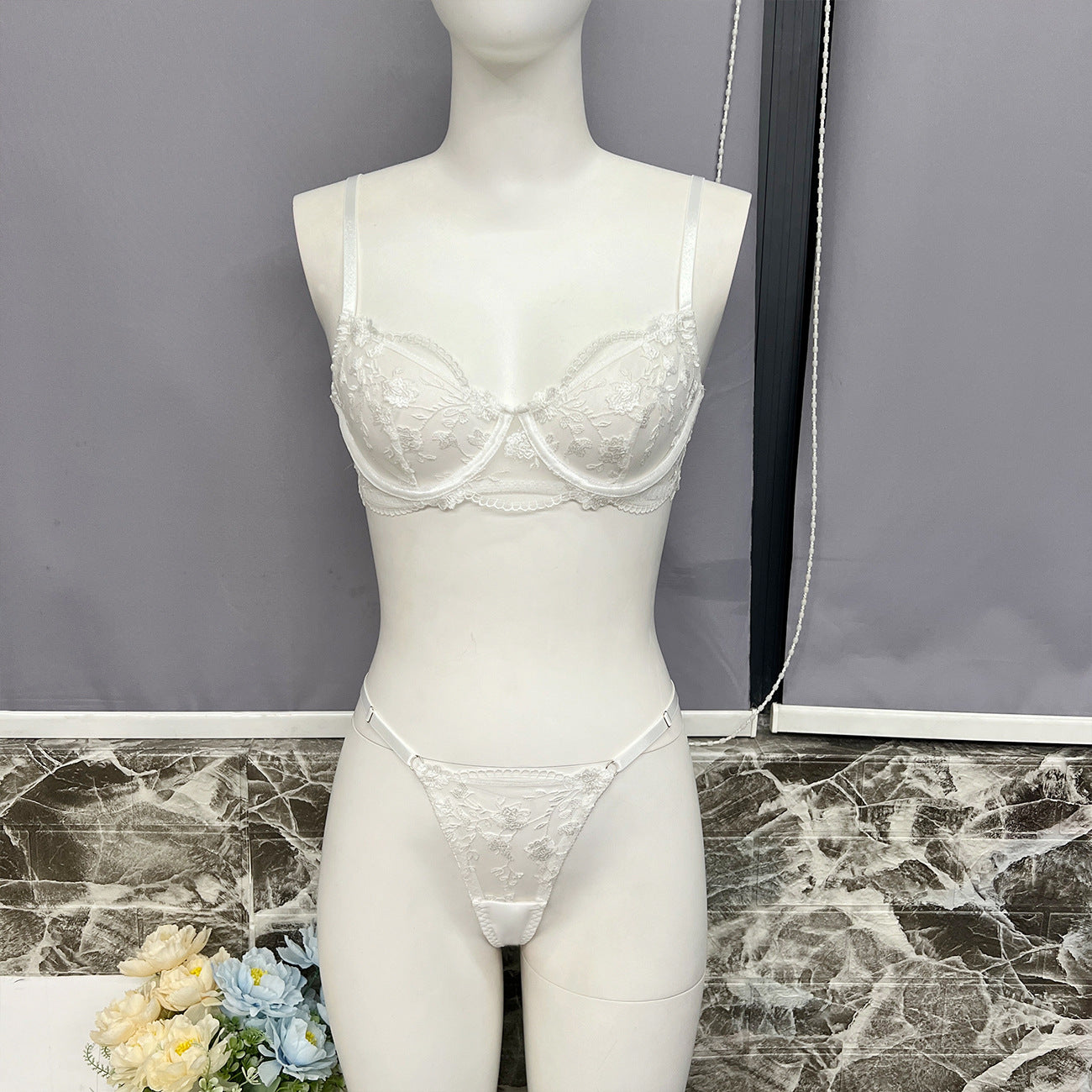 freedombeauty|INS New Valentine's Day Honeymoon Sexy Mesh Flower Embroidery Perspective Underwear Women's Two-piece Set