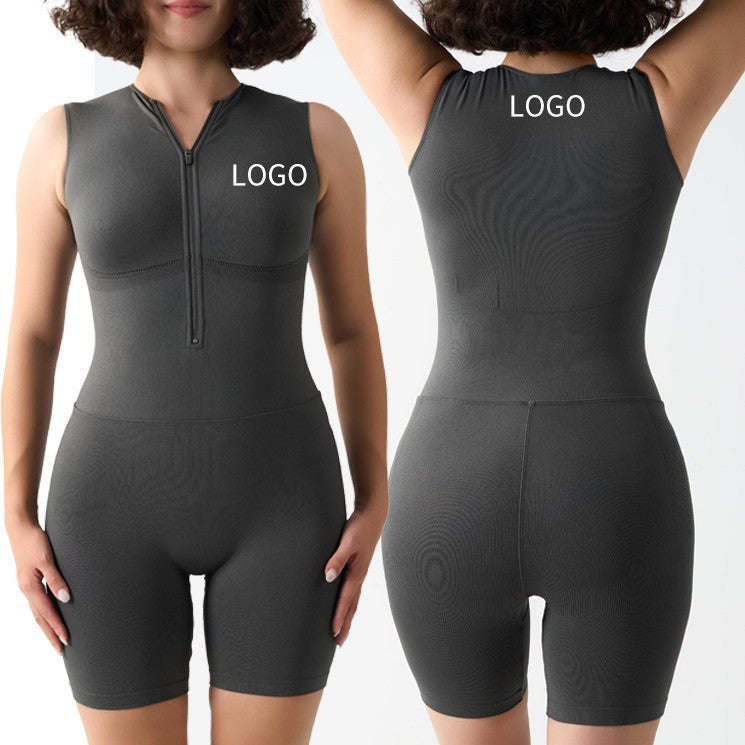 Freedombeauty | Cross-border zipper seamless body sculpting yoga jumpsuit belly lift hip running fitness body short-sleeved jumpsuit